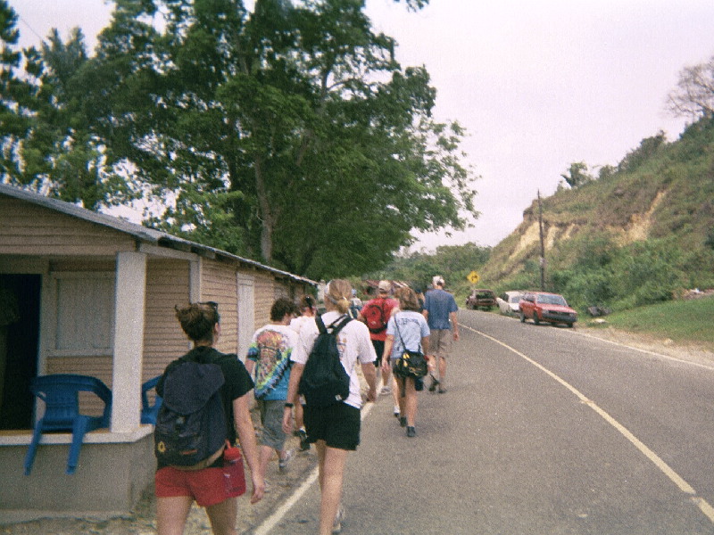 Our group of gringos walking to a work project